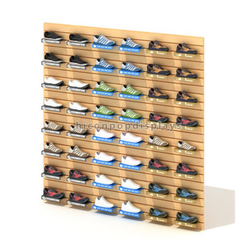 Affichage commercial de mur de lamelle de chaussure fixée au mur en bois fait sur commande de magasin de détail de chaussures de prix usine